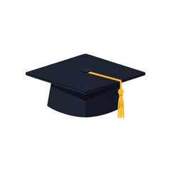 Black graduation cap with a golden tassel isolated on white.
