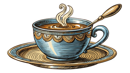 Very beautiful hand-drawn cup of steaming coffee with a spoon resting on a saucer, illustrated in elegant vintage sketch style with fine lines and classic shading details.