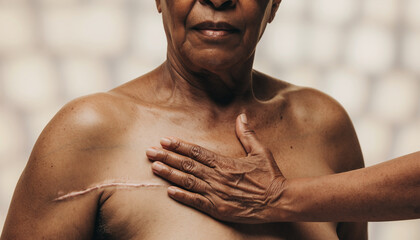 Senior woman of color with a mastectomy scar on her chest, a symbol of breast cancer survival, receiving gentle support
