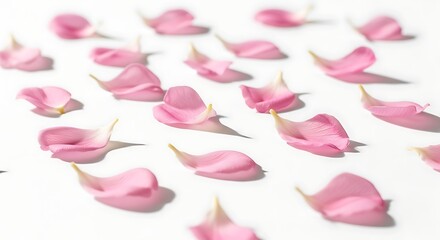 Soft focus delicate pink flower petals scattered artfully on a clean white background