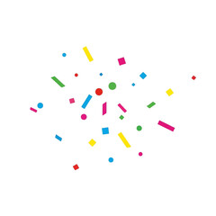Colorful festive confetti shapes scattered on a white background.