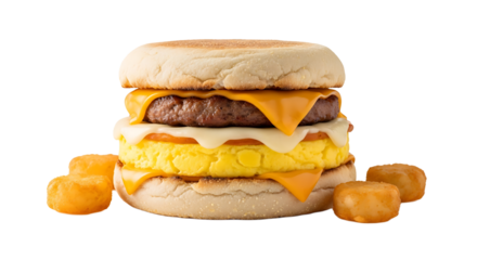 Start your day with a hearty breakfast sandwich filled with sausage, egg, cheese, and a side of crispy potato rounds.
