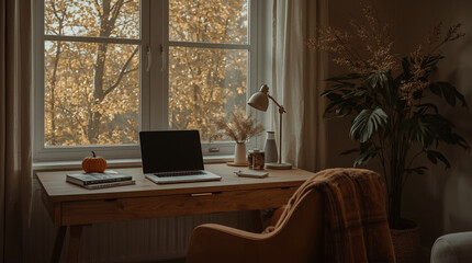 Fototapeta premium Laptop on Home Office Desk With Autumn View Through Window – Cozy Workspace, Remote Work and Seasonal Living Concept