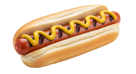 A delicious hot dog in a soft bun, topped with a squiggly line of yellow mustard, perfect for a classic, tasty treat.