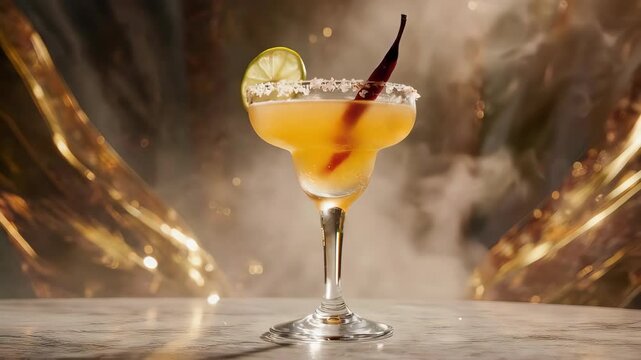 A refreshing margarita cocktail, garnished with lime and chili, captured on a surface with a smoky background