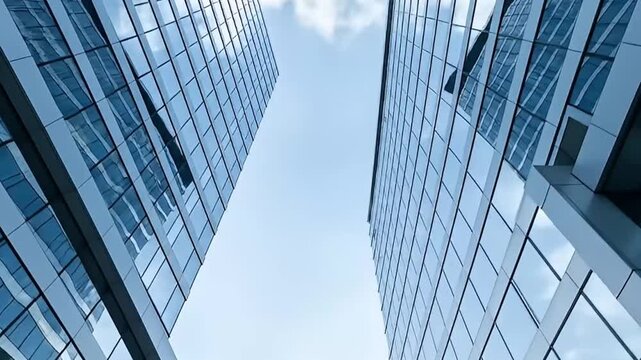 A striking low-angle shot captures the grandeur of two modern corporate skyscrapers, their reflective glass facades mirroring the serene blue sky above. The camera pans slowly upwards, revealing the v