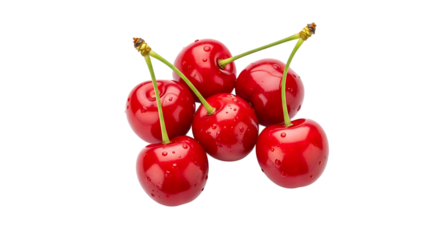 A small cluster of plump cherries, their skins a vibrant red and adorned with glistening water droplets for an appealing look.