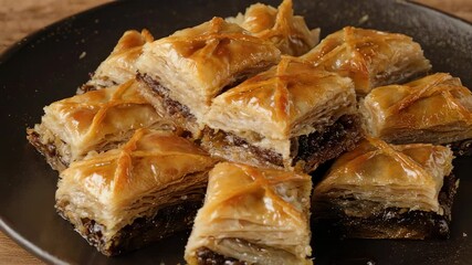 Golden-brown pieces of baklava on a black plate, a delightful culinary creation. 