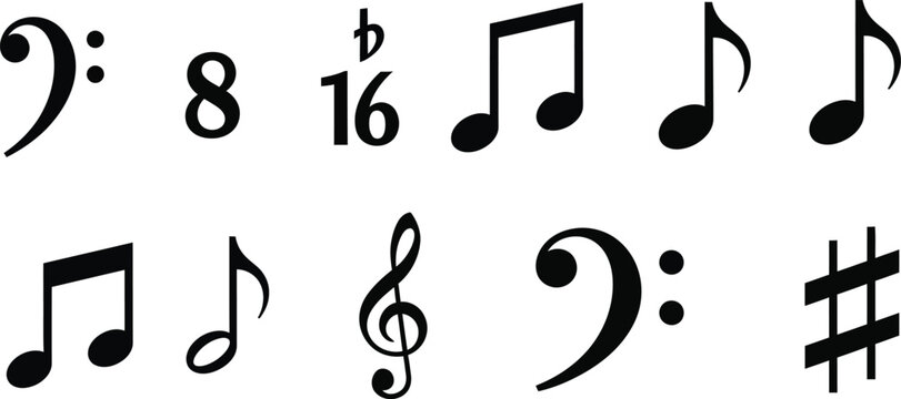 Musical notes stave line pattern symbols icon for staff and music note theme Transparent background wave Piano, jazz sound notes Fun vector key sign Classic clef Doodle