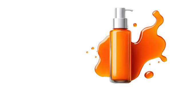 SPF sunscreen bottle with orange liquid on transparent background