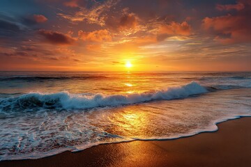 Golden Sunset Over Ocean Waves with Sandy Beach and Dramatic Cloudscape Reflecting Warm Light in a Serene Coastal Seascape at Dusk