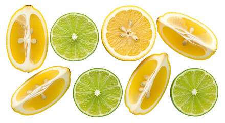 Halved lemons and limes show refreshing citrus slices against a transparent background, offering a vibrant display of color.