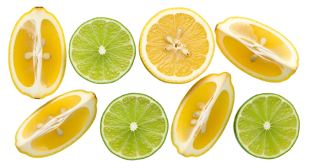 Halved lemons and limes show refreshing citrus slices against a transparent background, offering a vibrant display of color.