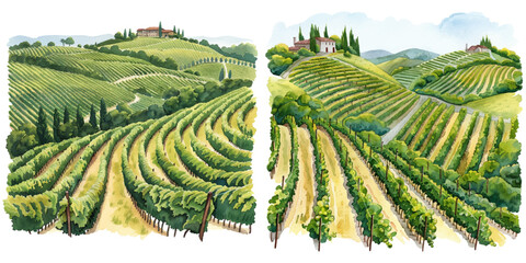 Fototapeta premium rolling vineyards in the countryside watercolor vector illustration