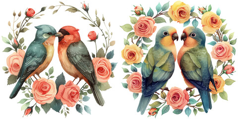 romantic couple birds with roses wreath watercolor vector illustration