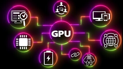 GPU data processing visualization with glowing neon icons and dynamic connections loop - Powered by Adobe