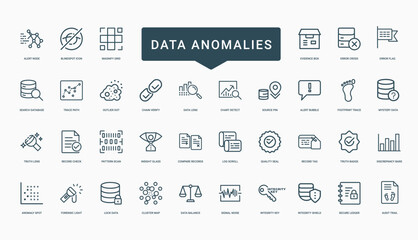 Data Integrity anomaly, detective integrity security analysis icon set