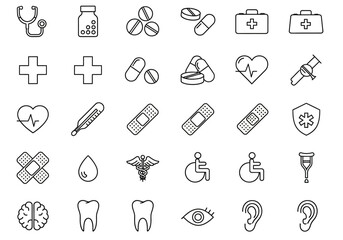 Medical Icon Set: Stethoscope Pills Heart Brain Tooth Eye Ear and More.