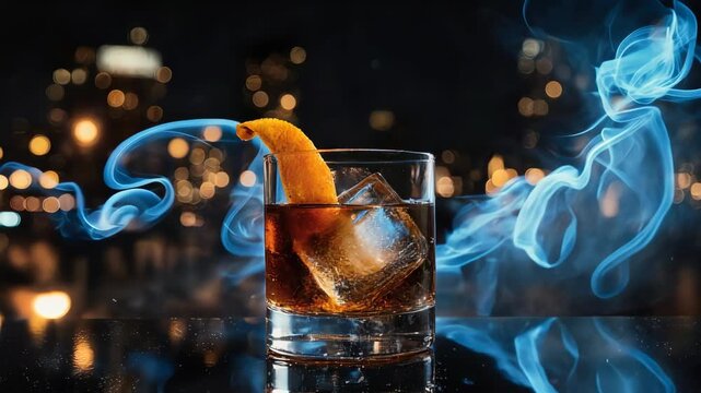 Elegant cocktail glass with ice cubes, citrus peel, and smokey vapor effects on dark background. 