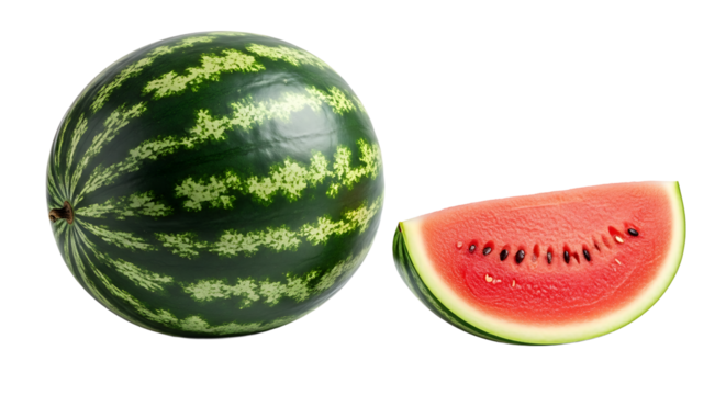 A whole watermelon with a dark green rind and a slice of red watermelon isolated against a plain transparent background. - Powered by Adobe