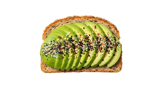 A slice of toasted multigrain bread is topped with avocado slices and seasonings to make delicious avocado toast. - Powered by Adobe