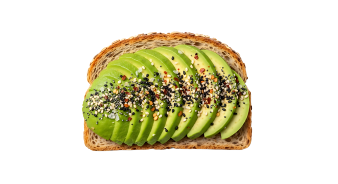 A slice of toasted multigrain bread is topped with avocado slices and seasonings to make delicious avocado toast.