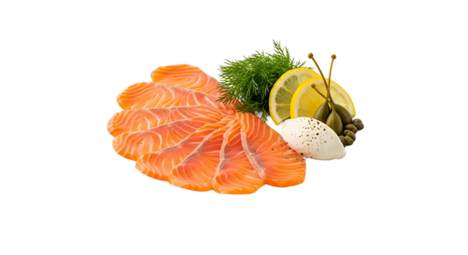 A vibrant display of sliced salmon, accompanied by fresh dill, zesty lemon, creamy cheese, and briny capers.