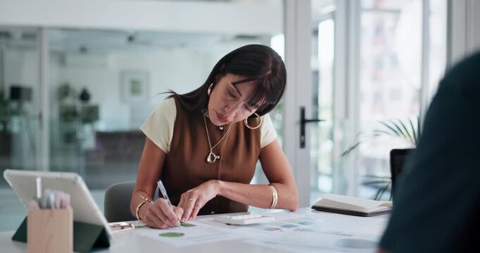 Documents, tablet and writing with business woman in office for collaboration on financial review. App, finance and paperwork with mature employee in workplace for administration, report or update