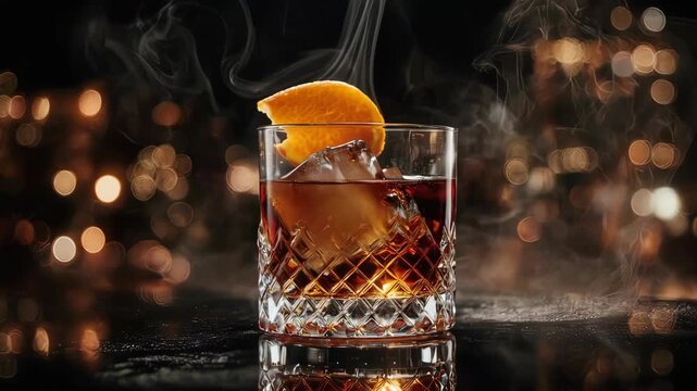Elegant cocktail with an orange garnish and ice, exuding a smoky essence, captured against a bokeh background.