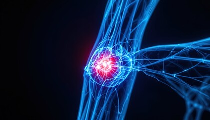 Vibrant digital artwork showing joint pain with glowing red area of inflammation and blue nerve pathways, suitable for medical or healthcare themes