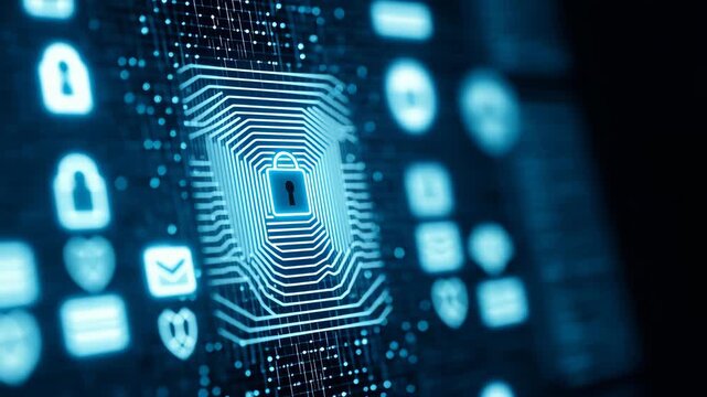 Cyber security concept with glowing blue circuit board and padlock icon, digital background for website or presentation, overlay effect for mockup