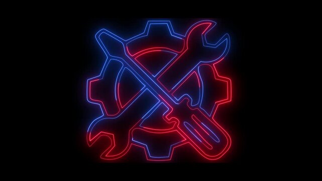 Neon Light Mechanical Tools Gear Wrench Screwdriver Glowing Blue Red Repair Service Motion