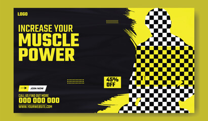 Muscular man holding dumbbell in fitness gym advertisement with green and white design and promotional offers.
Muscular man in gym with fitness promotion and discount offer for training services.