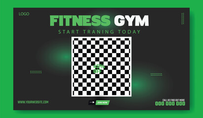 Muscular man holding dumbbell in fitness gym advertisement with green and white design and promotional offers.
Muscular man in gym with fitness promotion and discount offer for training services.