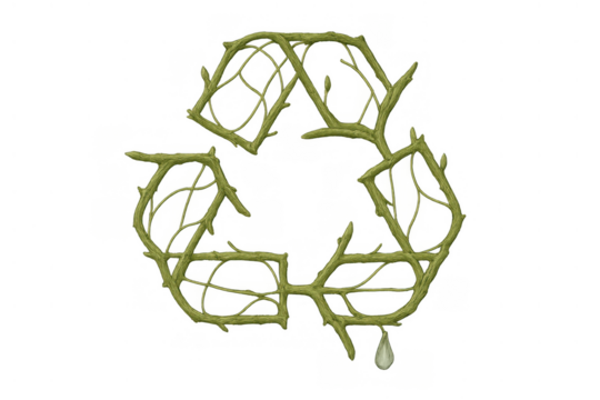 Recycling symbol formed by tree branches and green vines, representing nature's sustainability and ecological conservation