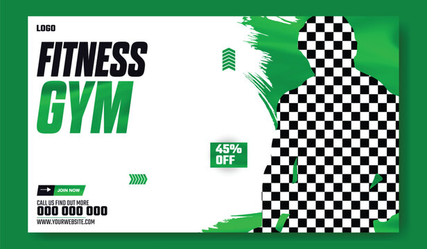 Muscular man holding dumbbell in fitness gym advertisement with green and white design and promotional offers.
Muscular man in gym with fitness promotion and discount offer for training services. - Powered by Adobe
