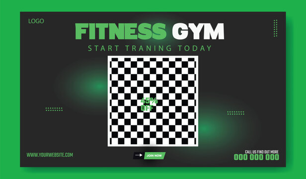 Muscular man holding dumbbell in fitness gym advertisement with green and white design and promotional offers.
Muscular man in gym with fitness promotion and discount offer for training services. - Powered by Adobe