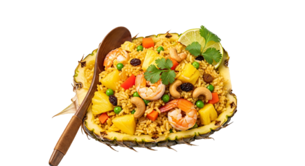 A vibrant mix of sweet and savory pineapple fried rice served in a hollowed pineapple, topped with lime wedge.