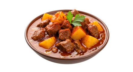 A bowl of hearty stew with tender meat cubes and potato chunks, seasoned with a sprinkle of paprika and garnished with parsley.
