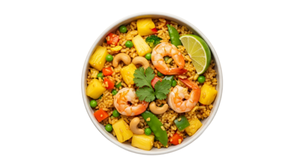 A tempting bowl of flavorful Thai pineapple fried rice with juicy shrimp and an array of colorful vegetables.
