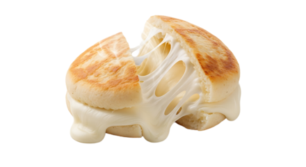 This arepa is split to showcase its generous cheese filling, perfect for breakfast, snack, or side dish enjoyment.
