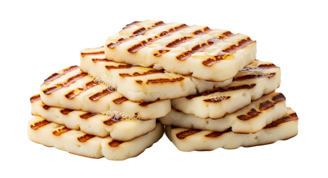 A delectable pile of grilled halloumi cheese, boasting distinct grill marks and a rich, golden hue for a savory delight.