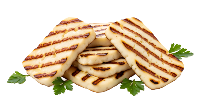 A stack of grilled halloumi cheese slices, adorned with fresh parsley. The cheese features distinct grill marks.