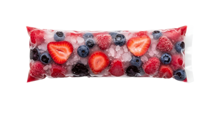 A clear bag of frozen mixed berries with a variety of strawberries, blueberries and raspberries on a transparent background.