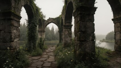 Ancient Stone Arches Overgrown with Vegetation in a Misty Landscape.