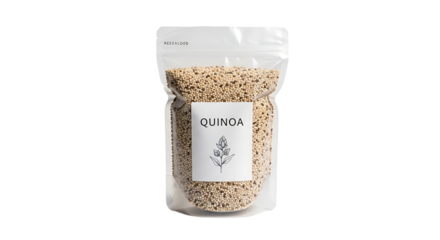 Close-up of a bag of quinoa against a plain white background. It features a minimalist package design, eco-friendly look.