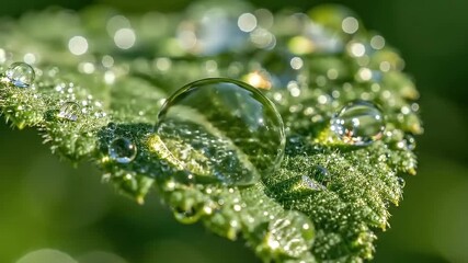 A stunning macro shot captures delicate water droplets glistening on the vibrant green surface of a leaf. Each tiny spherical drop reflects the ambient light, creating a sparkling, jewel-like effect a - Powered by Adobe