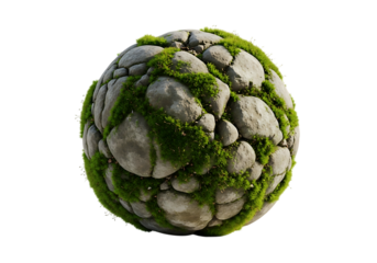 Moss covered stone sphere green grey