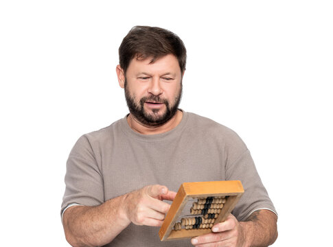 Bearded man holding vintage wooden abacus, looking confused and puzzled. Funny concept of outdated accounting, meme idea of dumb accountant not understanding. Isolated on transparent background.