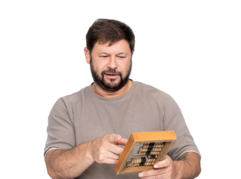 Bearded man holding vintage wooden abacus, looking confused and puzzled. Funny concept of outdated accounting, meme idea of dumb accountant not understanding. Isolated on transparent background.